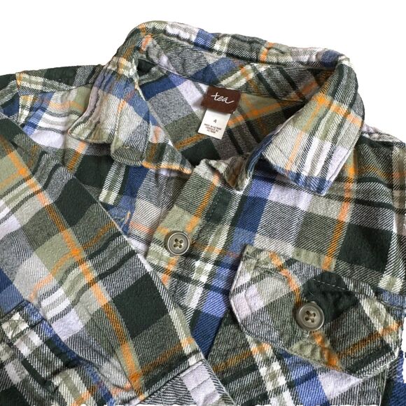 Tea collection blue green plaid flannel button down shirt boys 4 fall cozy retro - Picture 1 of 9